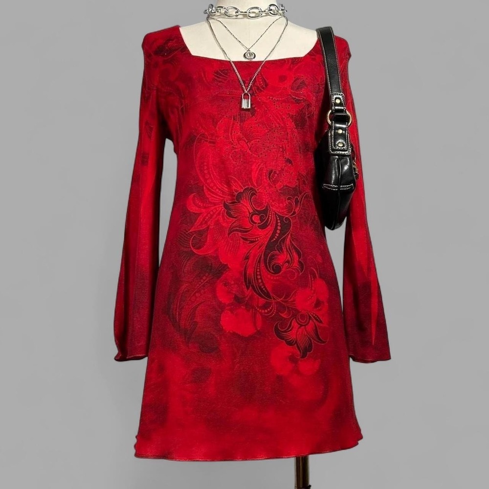Y2K Red Embellished Fairy Grunge Babydoll Dress Bell Sleeve Womens M Whimsigoth